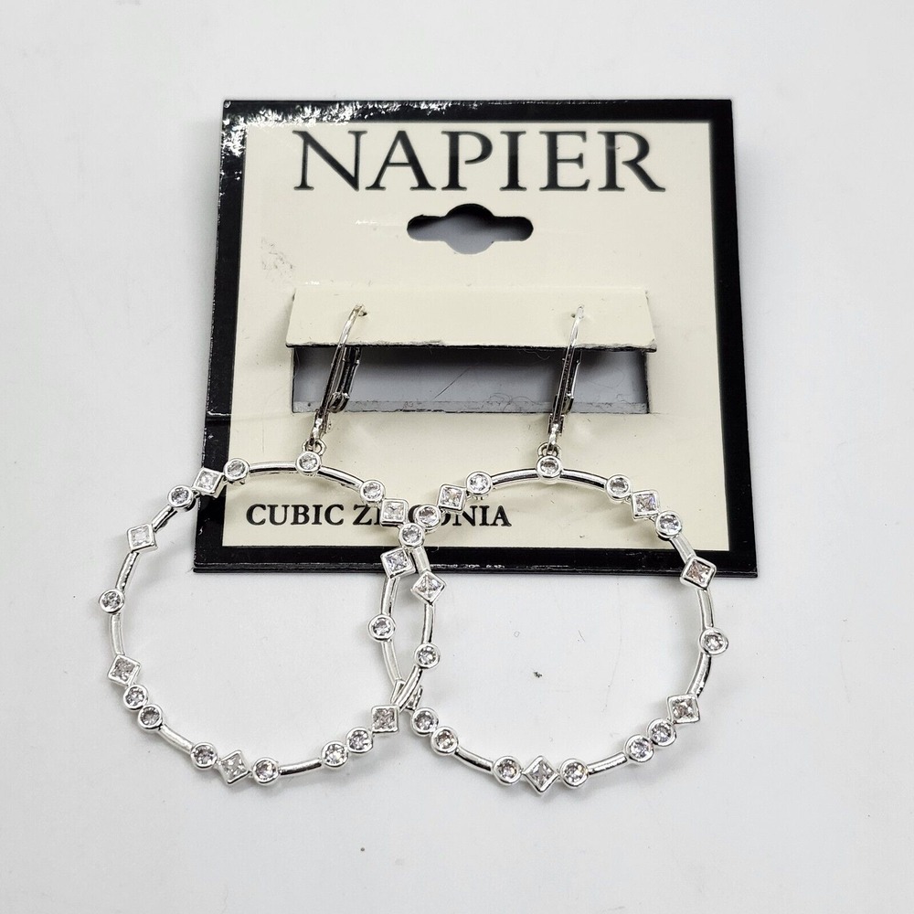 Nwt Napier Silver Tone‎ Cubic Zirconia Earrings Hoops Colircle Cz